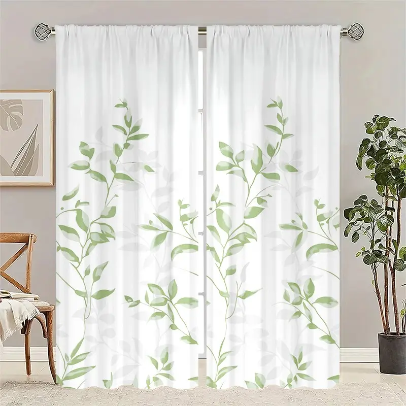 2-Pack Eucalyptus Leaf Curtains, Watercolor Vine Print, Semi-Transparent Rod-Pass Through, Fresh Plant Style for Bedroom, Living Room, Farmhouse Decor