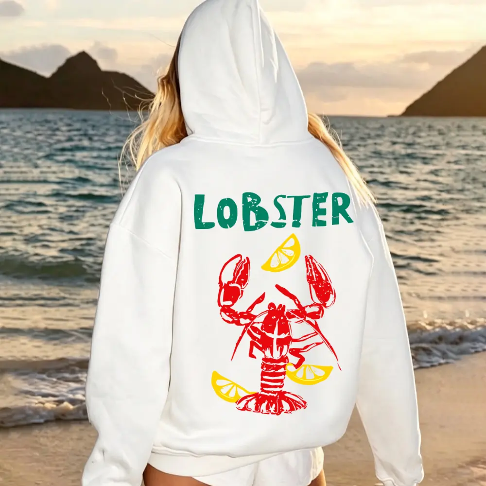 Vintage Lobster Graphic Hoodie Coastal Aesthetic Sweatshirt Unisex Heavyweight Cotton Pullover Summer Beach Seafood Boil Oversized Hoodie Top