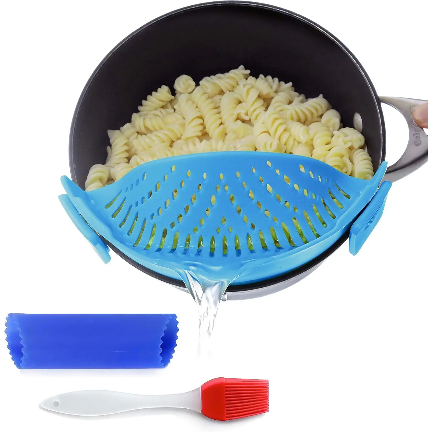 Clip  Kitchen  Strainer for Spaghetti, Meat, Pasta, &  , Colander & Sieve Snaps or Clips Onto Bowls, Pots & Pans Includes  Drainer, Brush & Garlic Peeler (LtBlue)