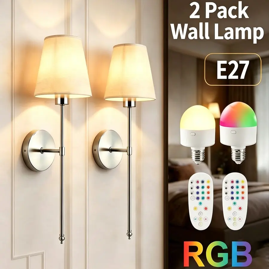 2-Piece Rechargeable Wall Sconces, Adhesive Installation, 2800mAh Rechargeable Battery, RGB Lighting Effects, Remote-Controlled Dimming, Vintage Wall Sconces, Indoor Lighting, Suitable for Living Rooms, Bedrooms