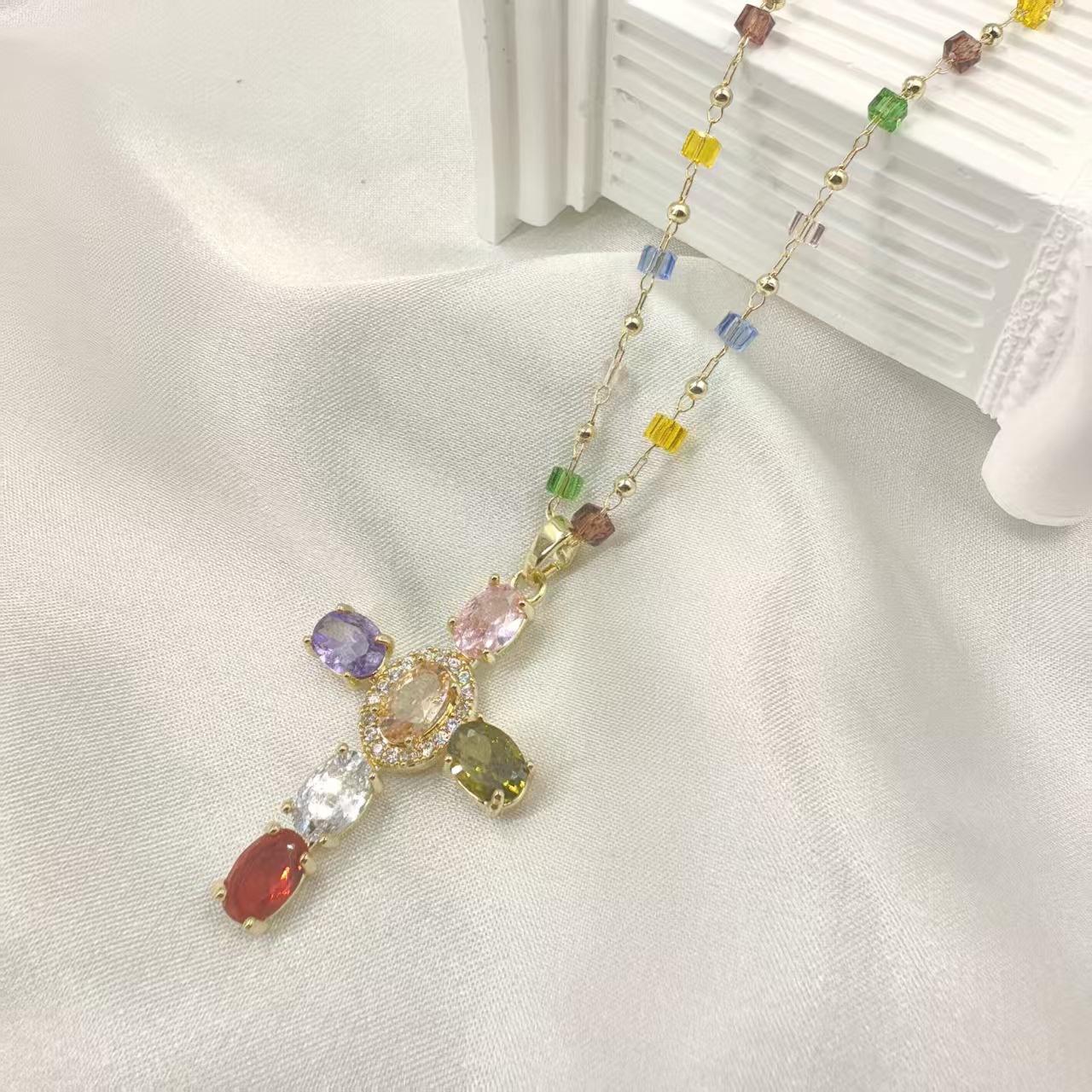Colorful Zircon Cross Pendant Necklace, Rainbow Crystal Beaded Chain Dainty Gold Plated Necklace, Vintage Y2K Religious Cubic Zirconia Necklace for Women, Adjustable Fashion Jewelry for Daily Party Gift
