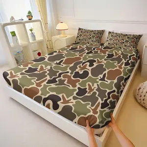 3-Piece Classic Hunting Style Wild Duck Camo Fitted Sheet Set, 1 Fitted Sheet & 2 Coreless Pillowcases , Army Green Retro Camouflage Wild Bird Silhouettes Print, Soft Breathable Deep Pocket Anti-slip Design, Urban Trendy All-Season Bedroom Decor