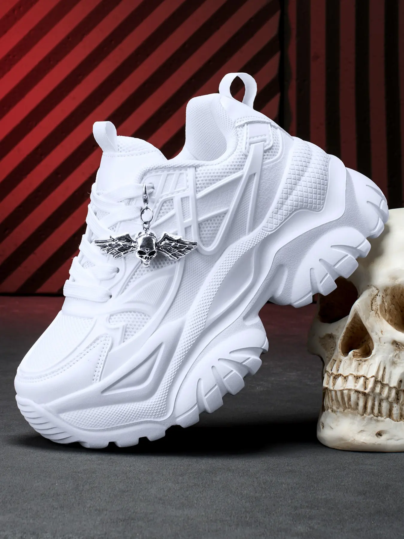 Women's Thick Sole 7cm Eva Casual Shoes, Detachable Silver Skull Charm, Wide Fit, Round Toe, All Seasons, PU Leather Upper
