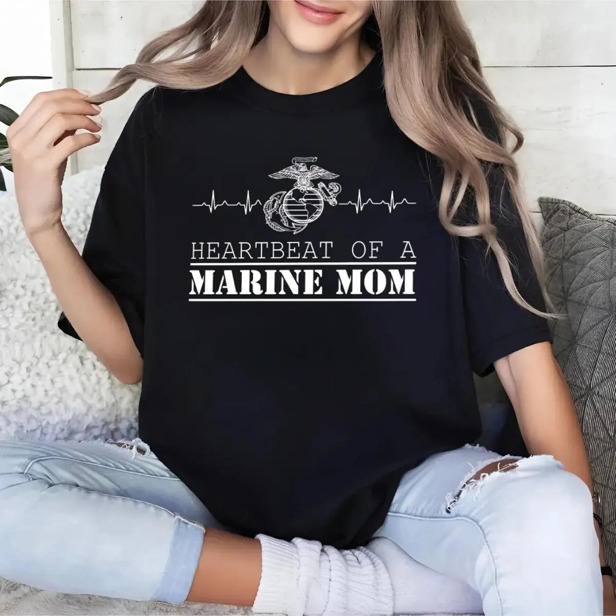 US Marine Mom Heartbeat T-Shirt Proud USMC Mama Military Family Graphic Tee Unisex Short Sleeve Crew Neck Casual Top For Women Marine Corps Mom Gift military family apparel usmc fan tee proud marine mom shirt heartbeat design graphic top veteran family cl