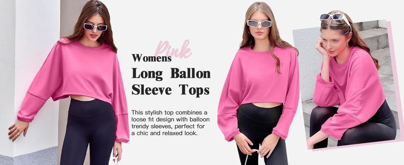 Fashare Womens Long Ballon Sleeve Sweatshirts Tops Cropped Crew Neck Loose Fit Casual Workout Shirts