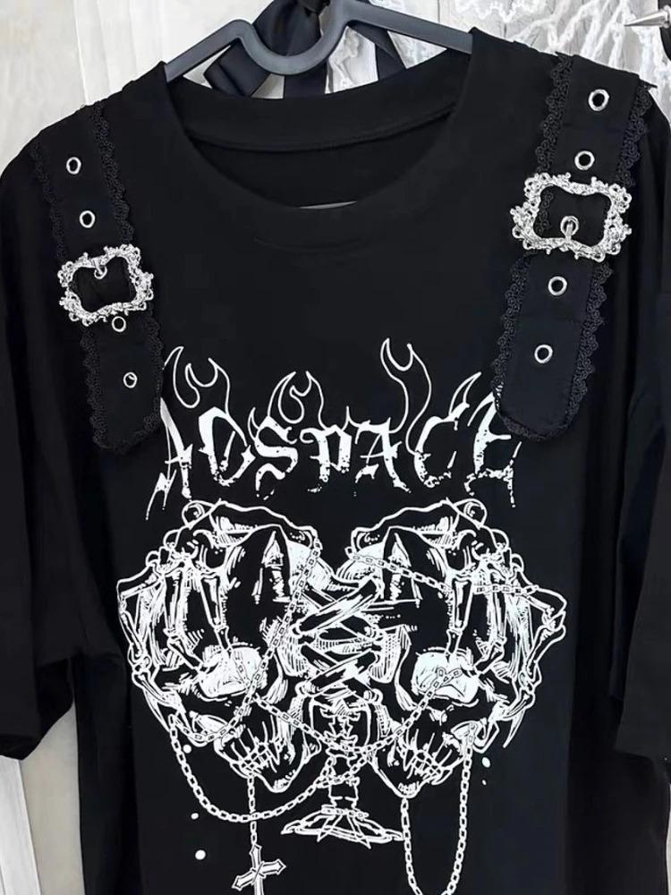 Yabi Hottie Gothic Dark Vintage Tops Subculture Y2k Print Short Sleeves Loose T-shirt Women Black Casual Clothes 2000s Chic Tees