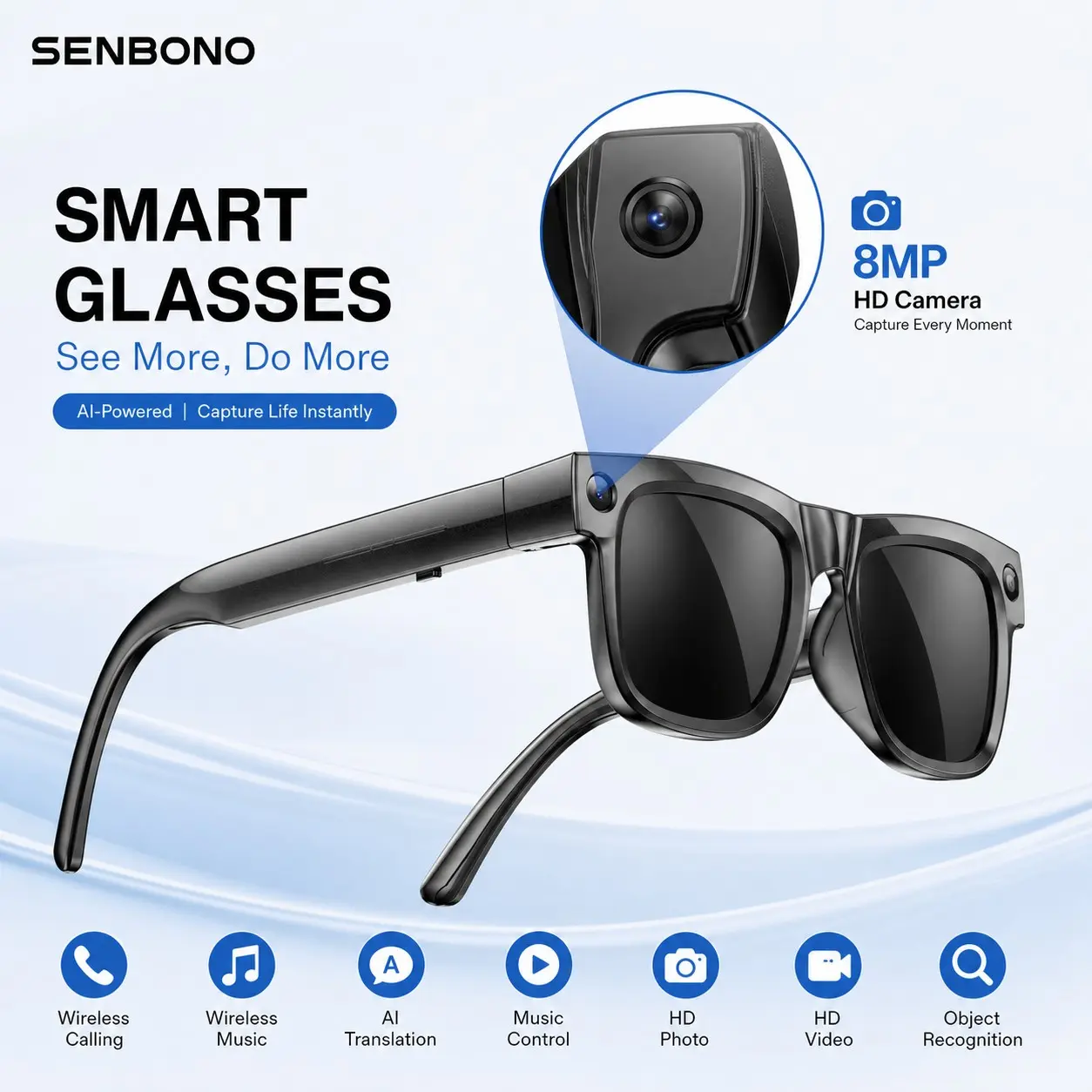 Senbono Smart Glasses with 8mp Camera, Touch Control, Bluetooth-compatible, Photo Video Audio, Ai Translation, Android iOS Compatible