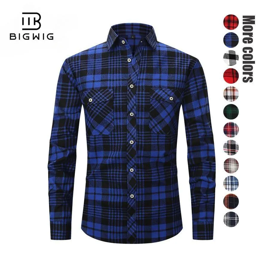 BIGWIG Men's Classic Plaid Flannel Shirt, Breathable Long-Sleeve Slim-Fit Casual Button-Down with 2 Chest Pockets, Fabric, Menswear, Thick, Garment, Stylish, Checked, Plaid Shirt, Simple, Father's Day