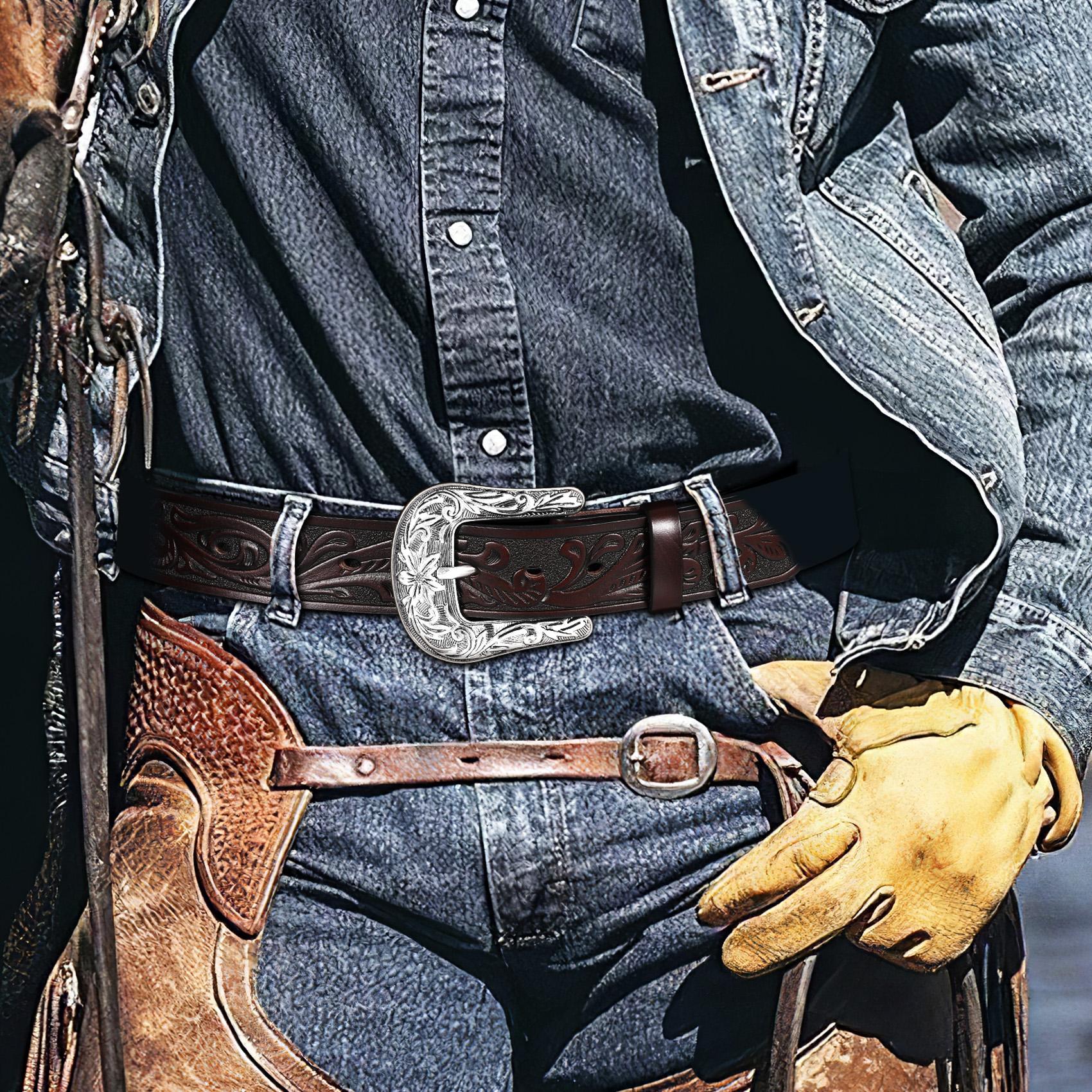 XZQTIVE Western Belts for Women Men Cowboy Cowgirl Floral Engraved Leather Belt Strap Vintage Embossed Buckle Waist Casual  Black Belt