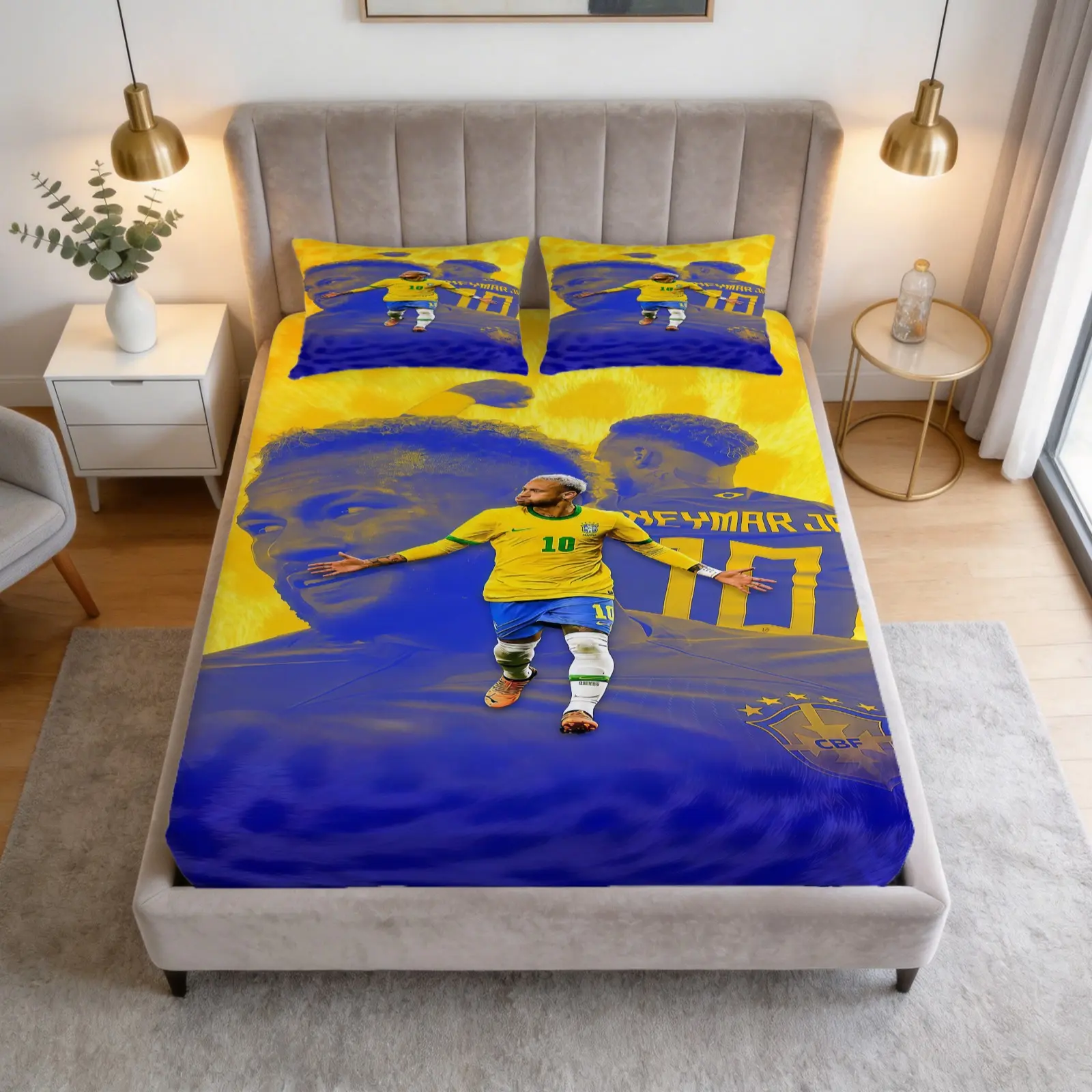3-Piece Set Of Football Star Neymar Patterned Bed Sheets, Including 1 Bed Sheet And 2 Pillowcases, Comfortable Bedding Set, Anti Slip Dust Cover, Suitable For Bedrooms And Guest Rooms, Men's Fans, Teenagers' Bedroom Bedding
