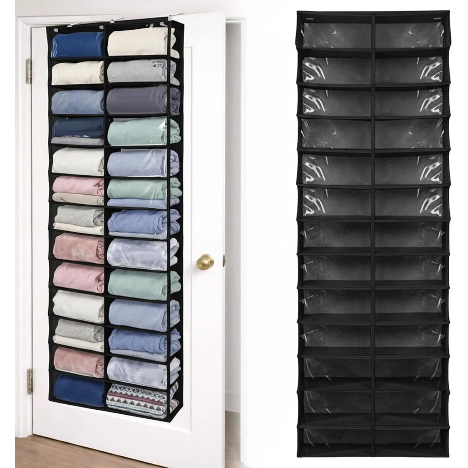 Over The Door Hoodie Organizer 26 Clear Sweatshirt Organizer with 3 Sweatshirt Hoodie Rack Holder Cabinet Behind The Doors for Dormitory Bedroom Closet(Black)