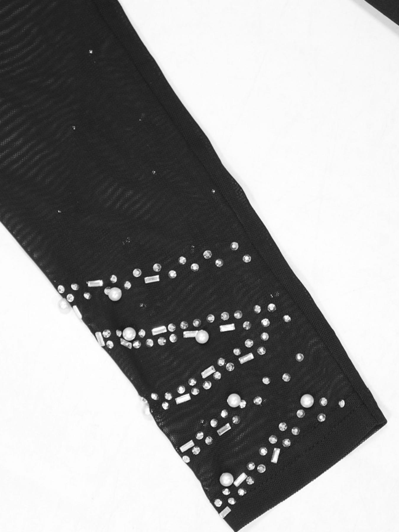 Women's Rhinestone Decor Contrast Mesh Split Thigh Slit Bodycon Dress, Elegant Long Sleeve Stand Collar Evening Party Formal Wear Gown, Ladies Clothes for All Seasons