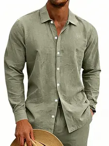Men's Casual Loose Fit Solid Linen Button Front Spread Collar Full Open Shirt, Long Sleeve Men's Solid Linen Button Full Open Shirt