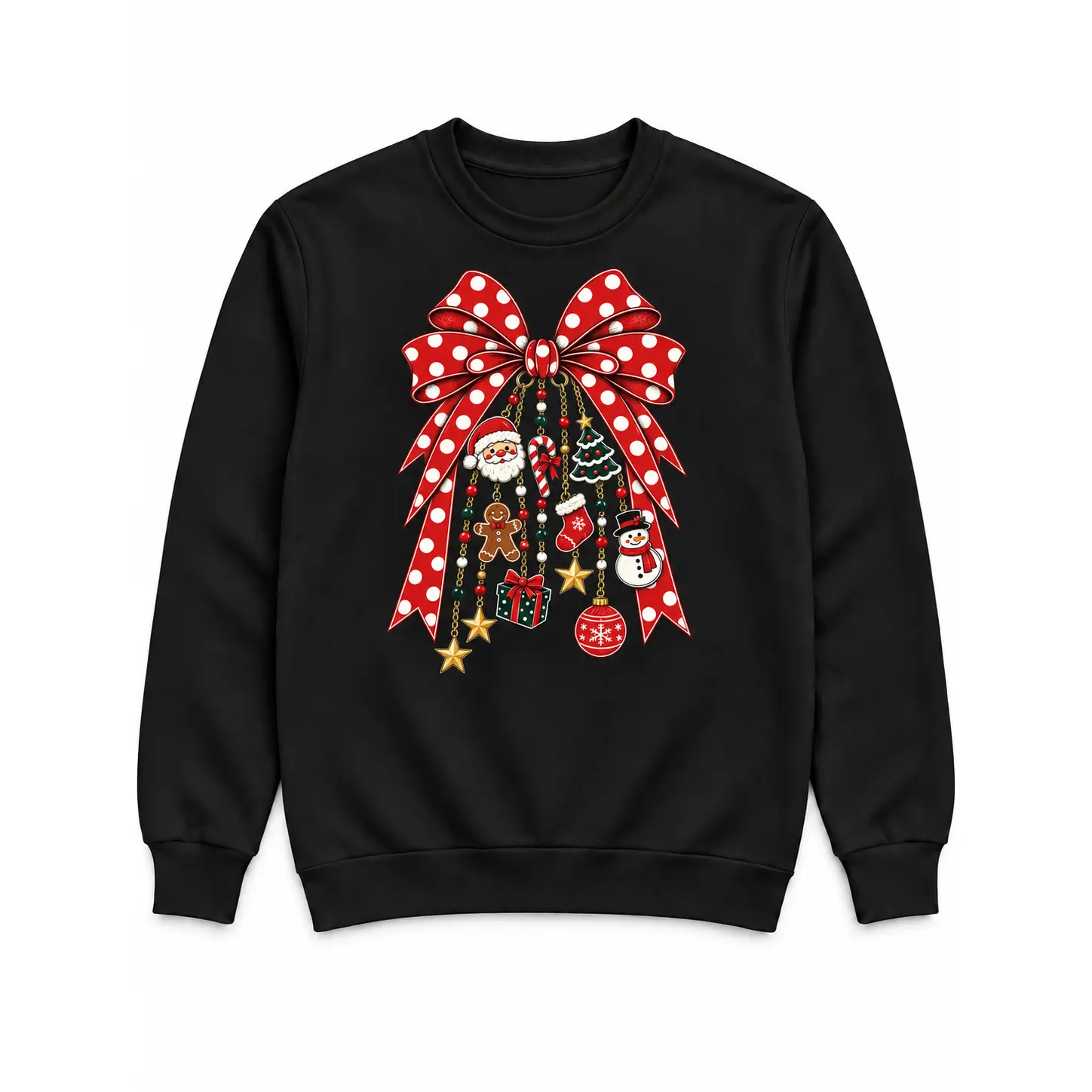 Red Polka Dot Christmas Bow Graphic T-Shirt or Crewneck Sweatshirt, Hanging Santa Snowman and Holiday Charms, Unisex Festive Shirt