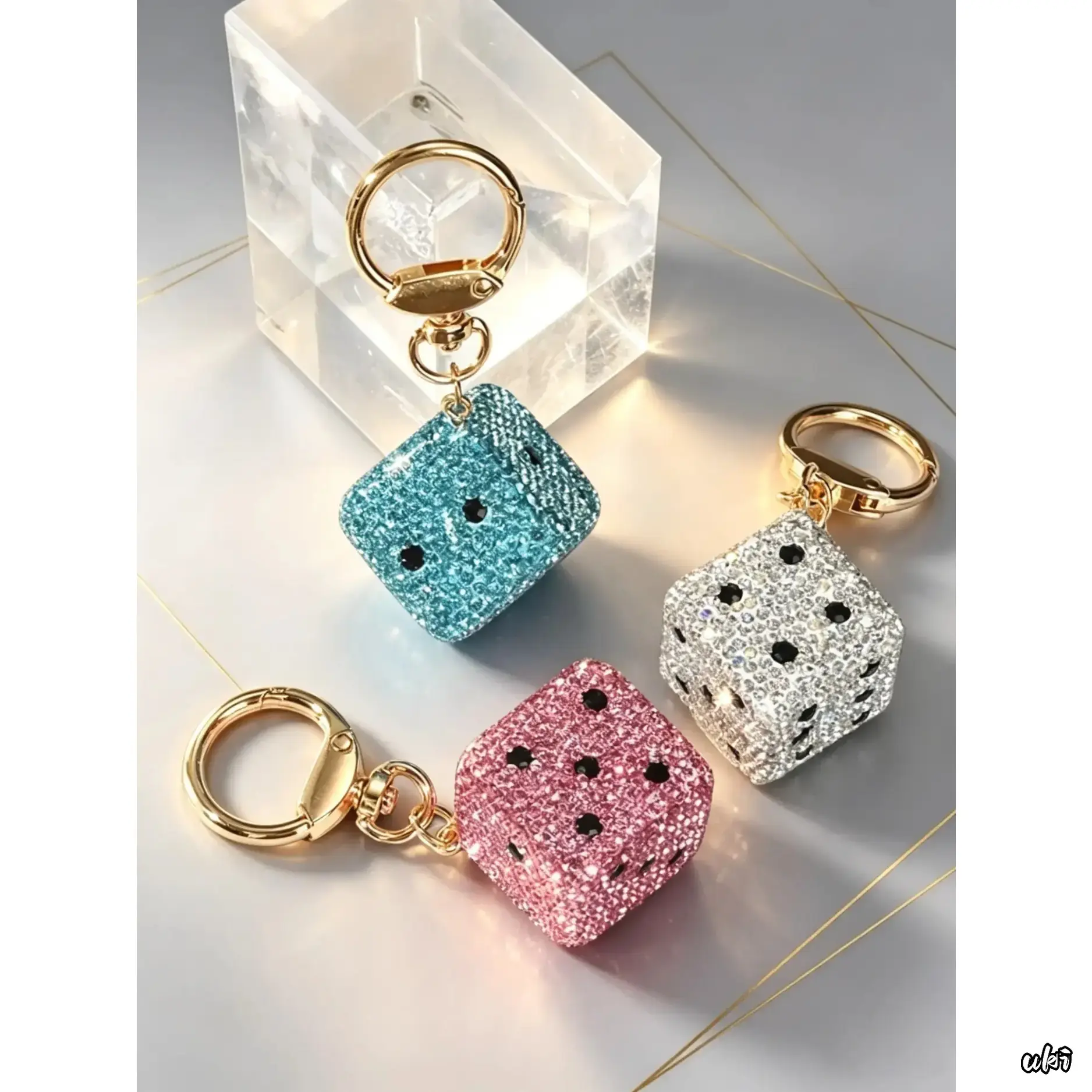 Women's Rhinestone Dice Keychain - Studded Look, Graduation School Accessory, Stylish Car Key-Phone Charm for Girls, Cubic Dice