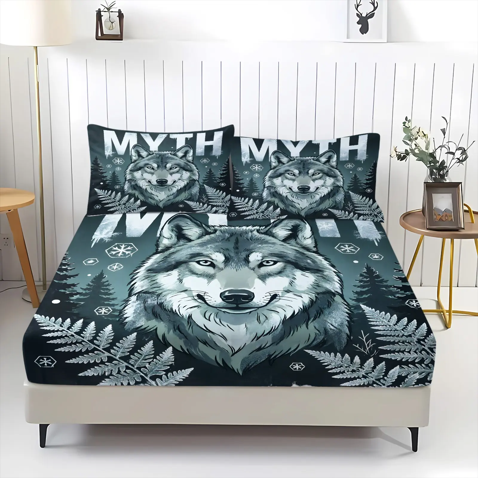 3Pcs Vintage Wolf Print Artistic Style Fitted Sheet Set, Machine Washable, Mattress Protection Design, Suitable for All Ages, All-Season Bedroom Soft Furnishings (Pillows Not Included)
