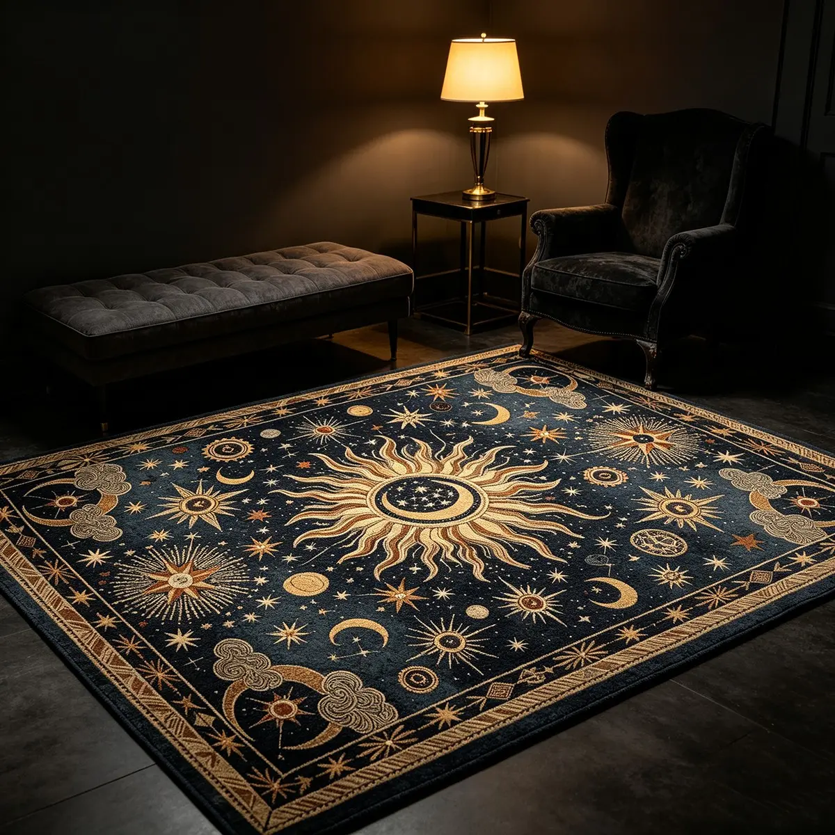 Dark Blue Starry Sky Rectangular Rug, Vintage European Style Living Room Study Decor, Bohemian Astral Leisure Foot Mat
