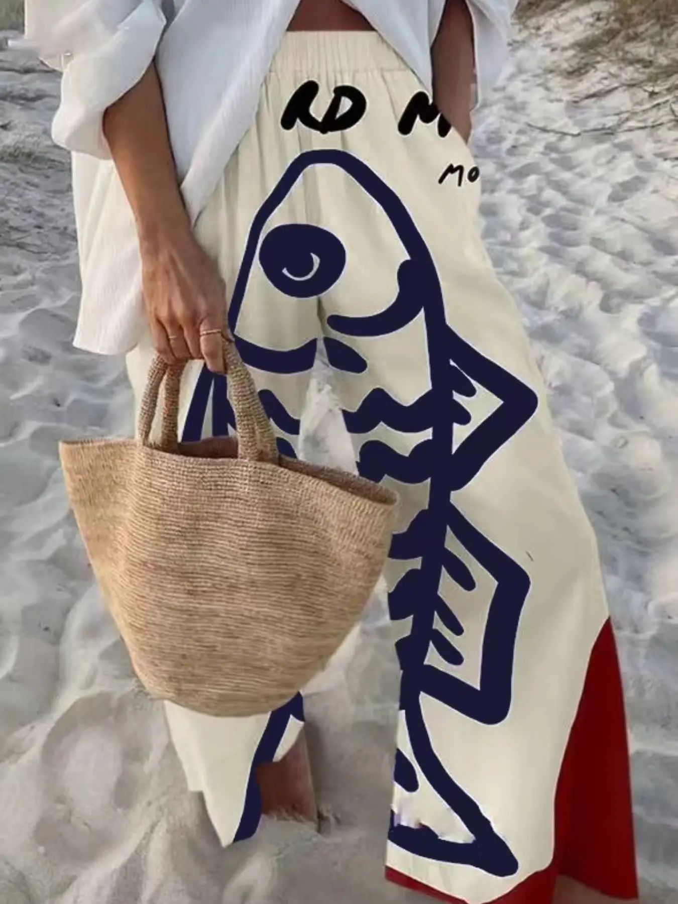 Women's Beach Vacation Fun Ocean Animal Fish Print Casual Loose Wide Leg Pants, Bottoms, Elastic, Pocket Design, Soft Breathable Fabric, Suitable for All Seasons