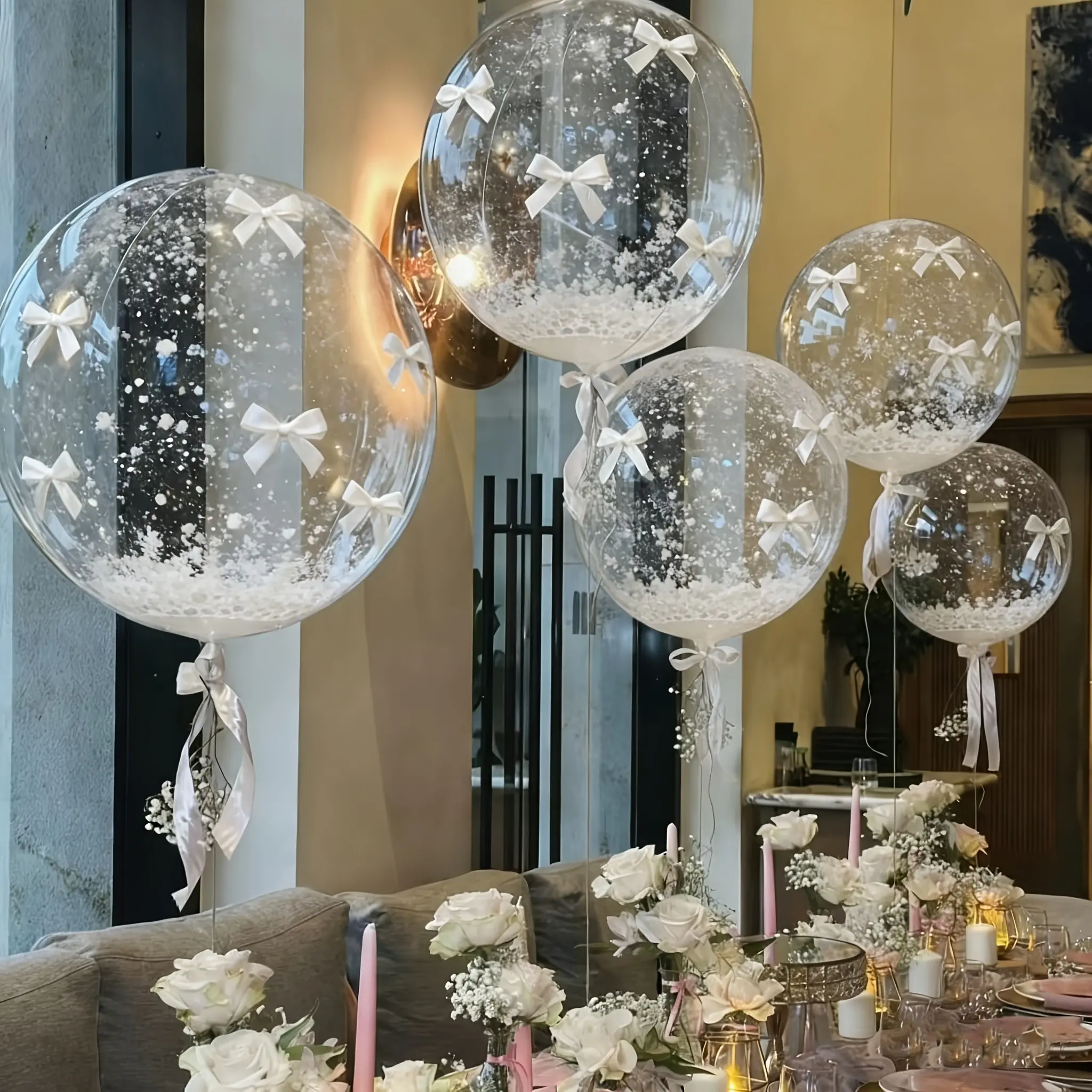 20 Inch Bobo Balloon with Ribbon Bow & White Snowflake Design, Christmas Clear Bubble Balloon, Party Balloons, Party Decor Supplies for Wedding, Birthday & Holiday Xmas Decor
