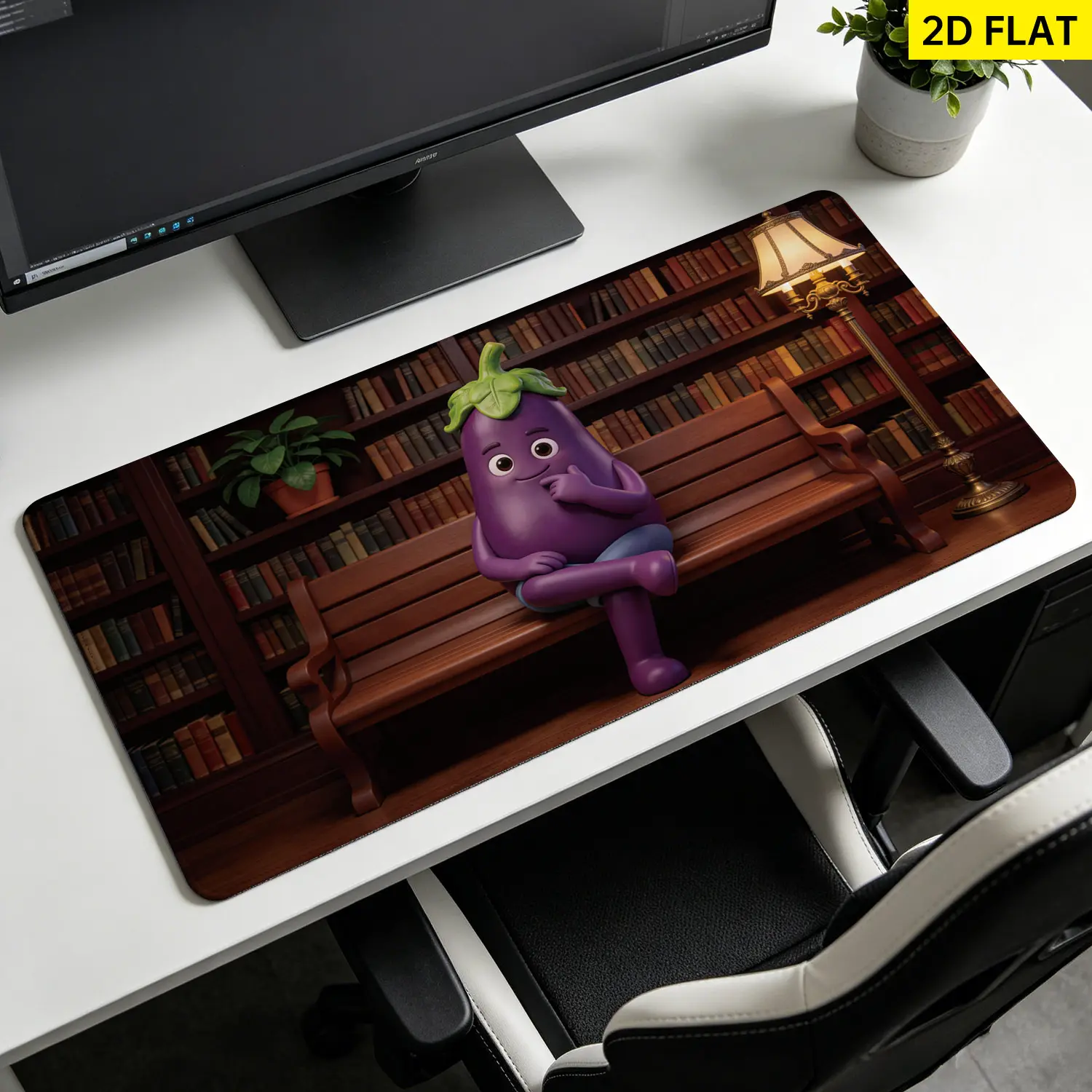 Extra Large cute cartoon eggplant character sitting on bench Mouse Pad,Non Slip Rubber Pad,Desktop Decoration Drotection Pad,Washable,Lock Edge Multi Size,Premium Multipurpose Mousepad For Home,Library,Gift for Family and Friends