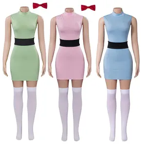 Anime Powerpuff Cosplay Girl Costume Dress Set Blossom Buttercup Bubbles Fancy Dress Halloween Party Women Fancy Dress
