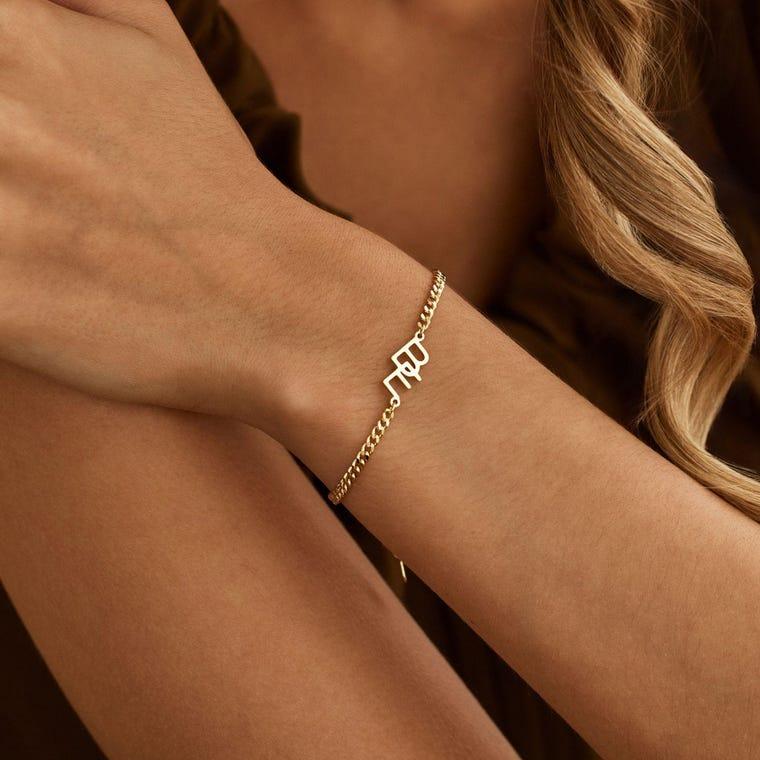 AS821 Personalized Custom Two Initials Bracelet Stainless Steel Cuban Chain Couple Bracelet Anniversary Gift for Men and Women