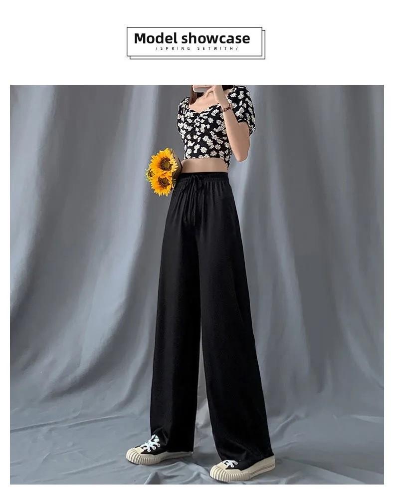 Women's Summer Ice Silk Wide Leg Pants High Waist Loose Fit Straight Leg Trousers Korean Style Breathable Casual Pants for Students 2026 New Arrival