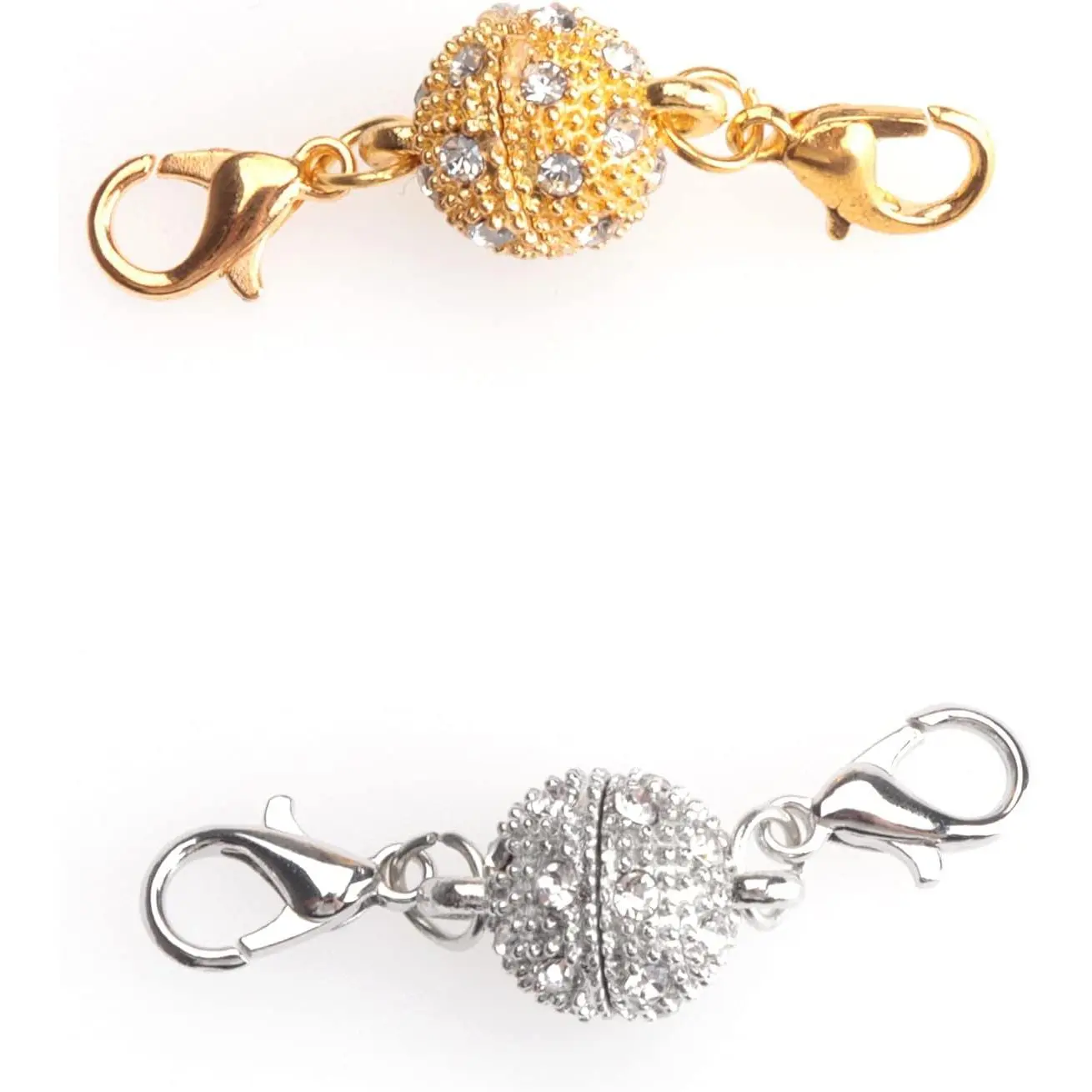 2-Count Rhinestone Lobster Locking Clasp Set with Metal Converter Chain Extenders, DIY Beading & Jewelry Making Accessories for Necklaces, Bracelets (Round)