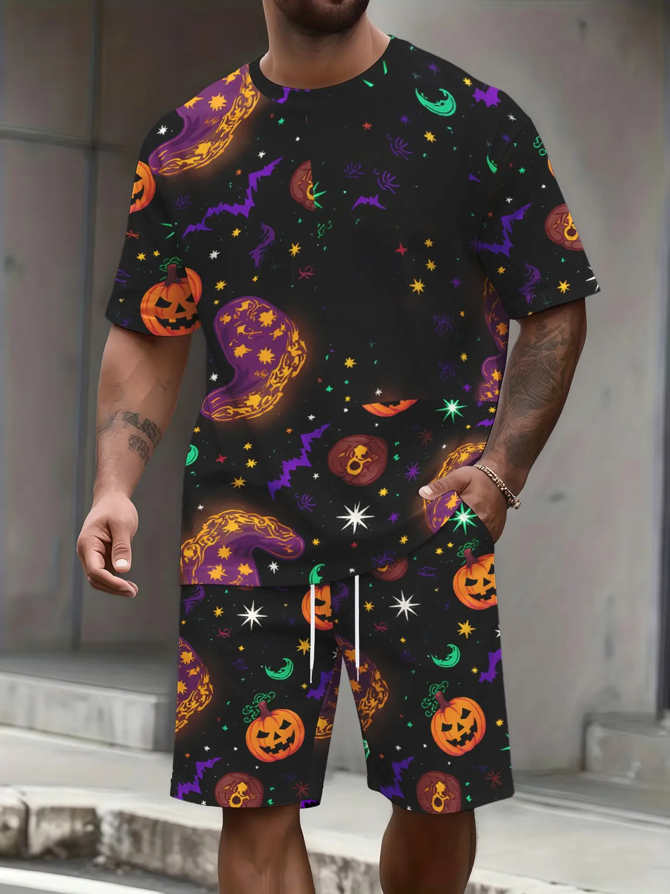 Men's Halloween Costume Set, Base Fluorescent Print, Short Sleeve T-Shirt & Shorts, Casual Fitted, Knee-Length, Drawstring