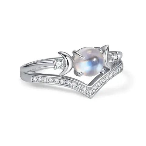Women's Witchy Triple Moon Motif Stackable Rings Set - Boho Lead-Free Copper Bands, 0.24in Untreated Natural Moonstone, Amethyst Center, Retro Hypoallergenic Costume Jewelry, Witchy Gifts, Unique Jewelry, US Sizes 6-10 for Emotional Calm
