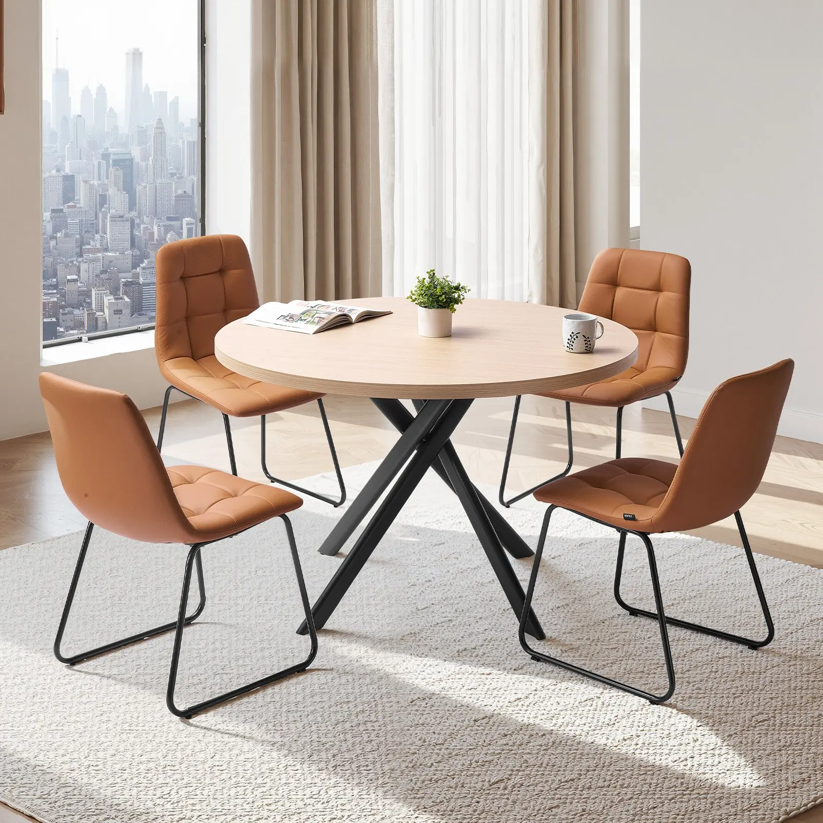 【DealsForYouDays】VEVOR 5-Piece Dining Table Set, Space-Saving Round Kitchen Table with 4 Upholstered Orange Chairs, PU Leather Cushions, Modern Wood-Tone Desk with Adjustable Foot Pads for Dining Room, Small Spaces