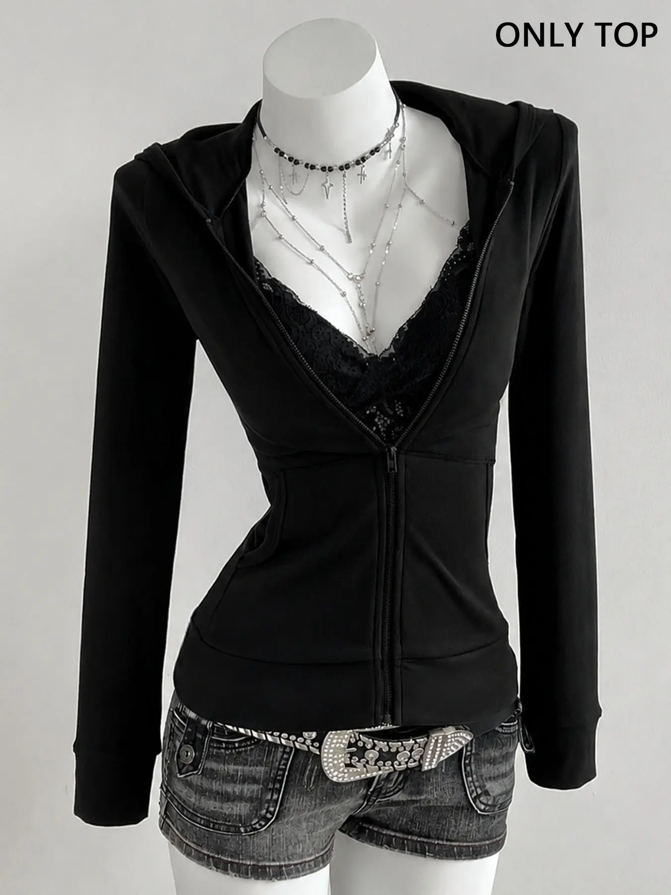 Women's Zip Up Hoodie, Long Sleeve Slim Fit Hooded Jacket With Pockets, Y2K Goth Casual Outerwear For Daily Street Outfits, Tops