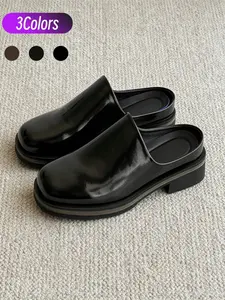 1 Pair Men Gloss Square Toe Backless Mule Slides, Minimal Commute Layered Low Platform, Soft Breathable Lining, Match Suits For Work And Daily Casual Looks