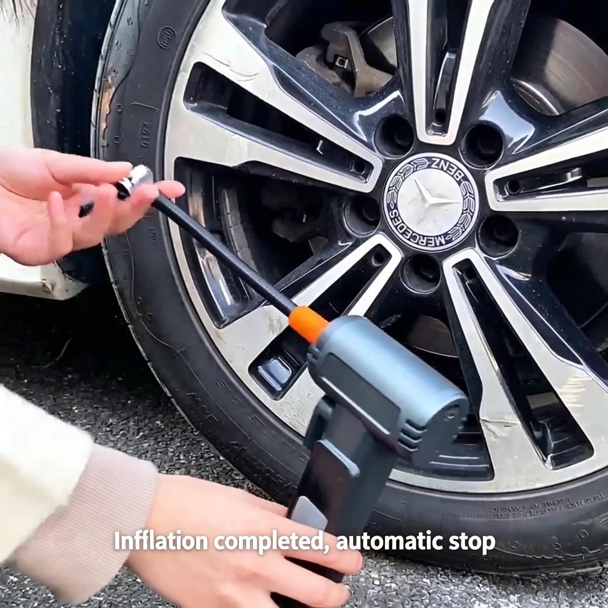 Portable Cordless Tire Inflator with Emergency Tools - 12V Wireless Car Air Pump, Digital Pressure Gauge, Power Bank, Safety Hammer & Seatbelt Cutter, Rechargeable Tire Pump for Cars, Bikes, SUVs Reusable