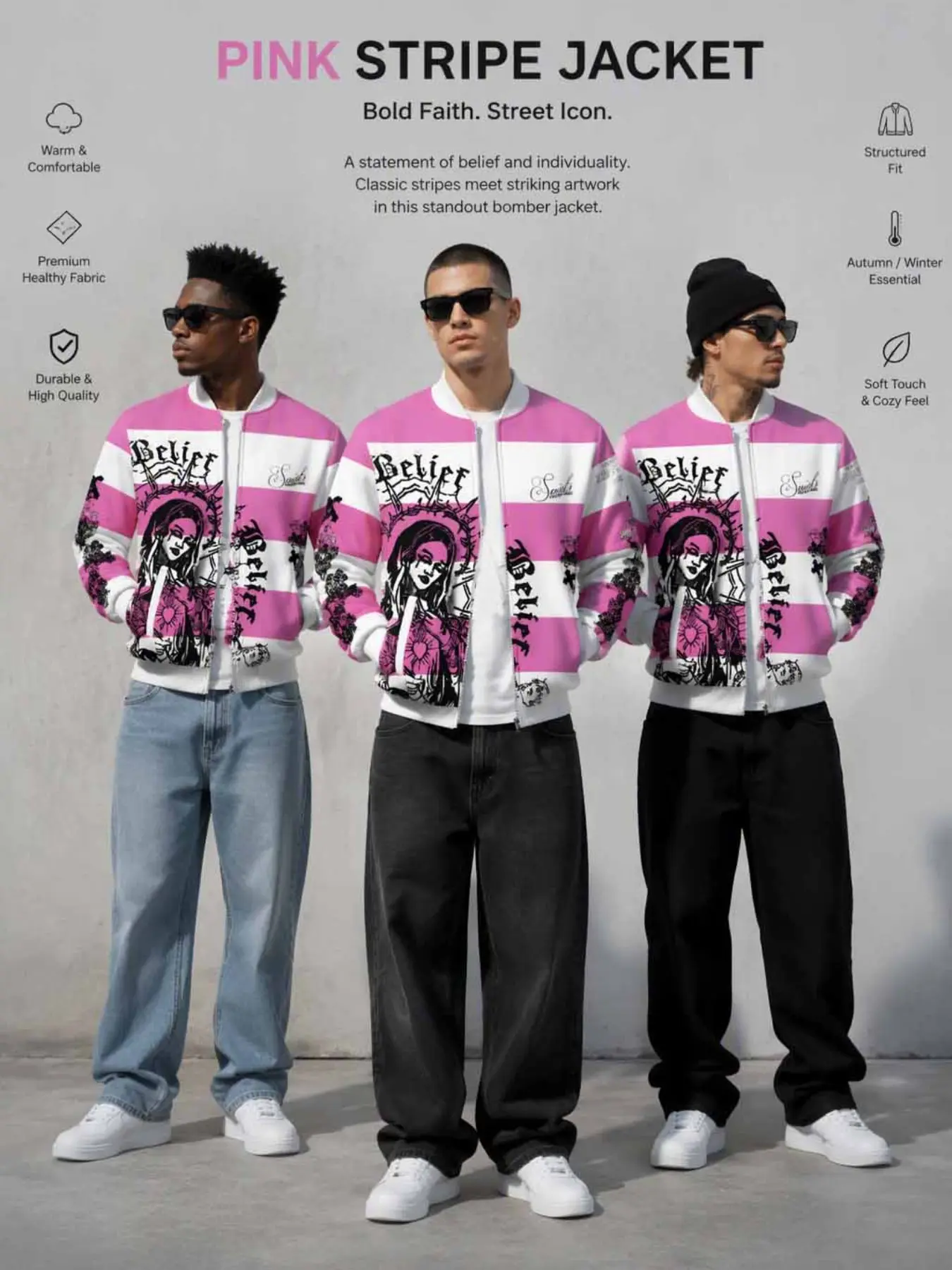 Men's Striped Gothic Portrait Full Zip Bomber Jacket, Vintage Madonna Print Windproof Jacket, Streetwear Fall Winter Outerwear