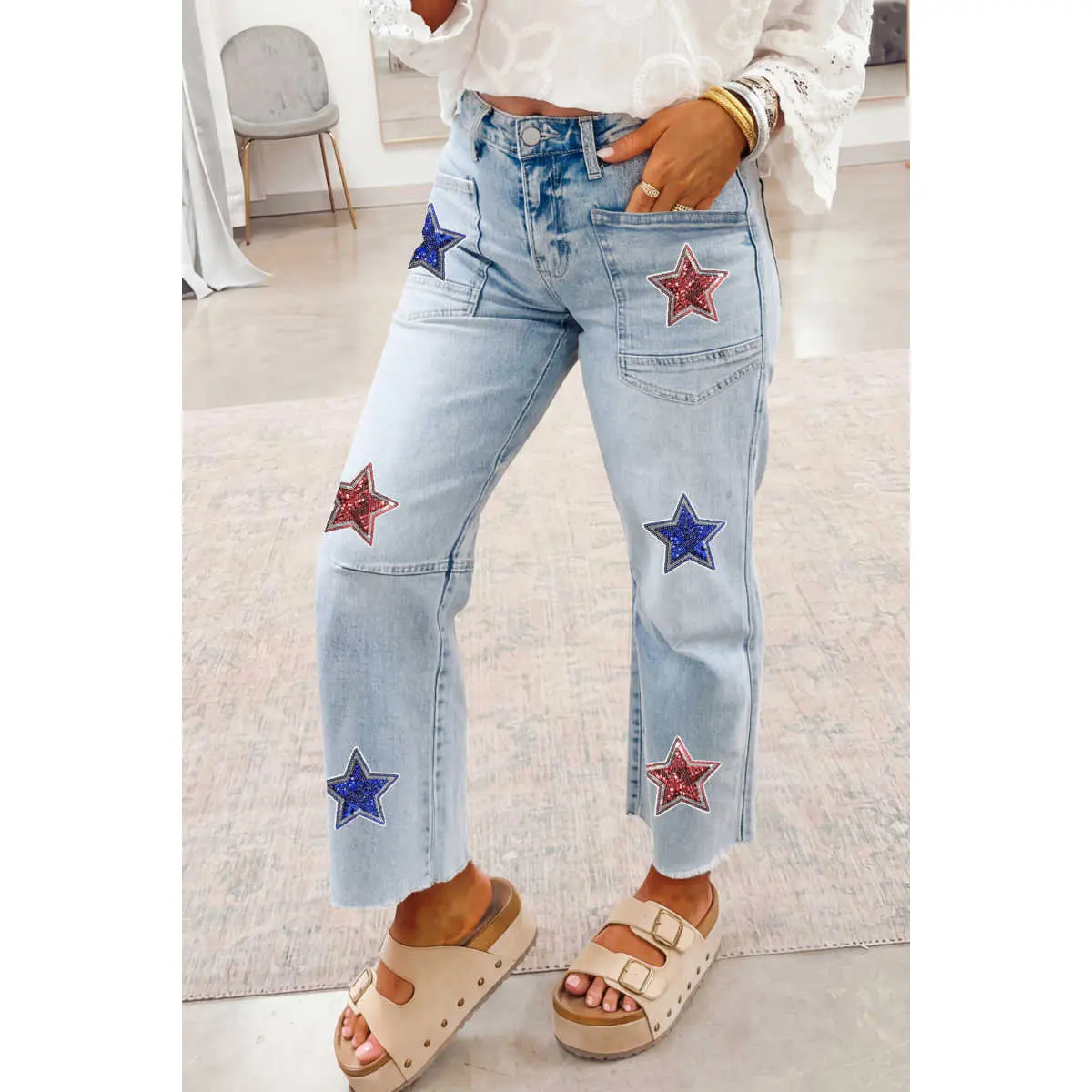 Women's Patriotic Star Pattern Sequin Jeans - Soft Cotton Denim, Relaxed Shift Fit, Patch Pocket, Breathable, Comfortable Style Women's Bottoms, Bottom, All Seasons, Casual, All-Season, Sequin Stars