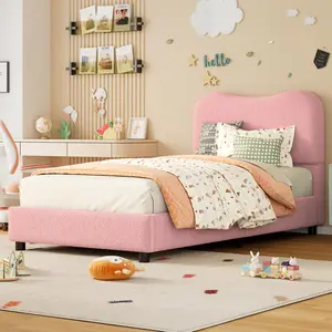 Modern Upholstered Kids Platform Bed, low profile design with soft boucle headboard and rounded corners. Reinforced wooden slats, noise-free structure, no box spring required and easy assembly