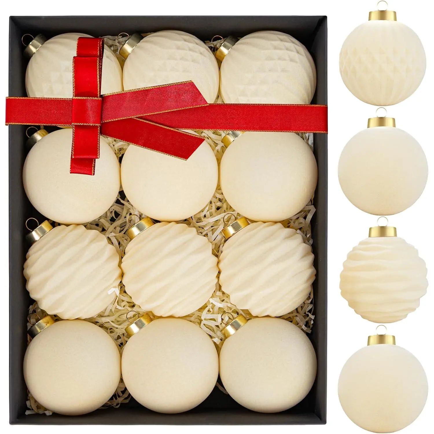 12 count Beige Cream  Christmas Tree Ornaments - 4 Styles White Christmas Ornaments - 80mm 3.15inch Shatterproof Christmas Balls for Xmas Trees Decorations