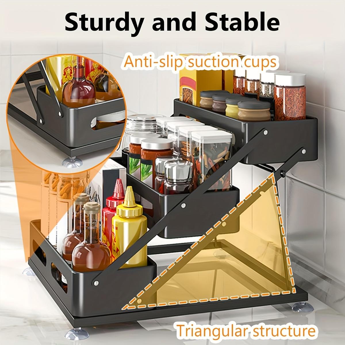 PLL 3-Layer Foldable Cast Iron Spice Rack with Safety Fence-Space-Saving Kitchen Cabinet with Countertop Organizer, Durable Paint Design, Holiday Theme Style, Simple Metal Shape, Solid Construction versatile storage