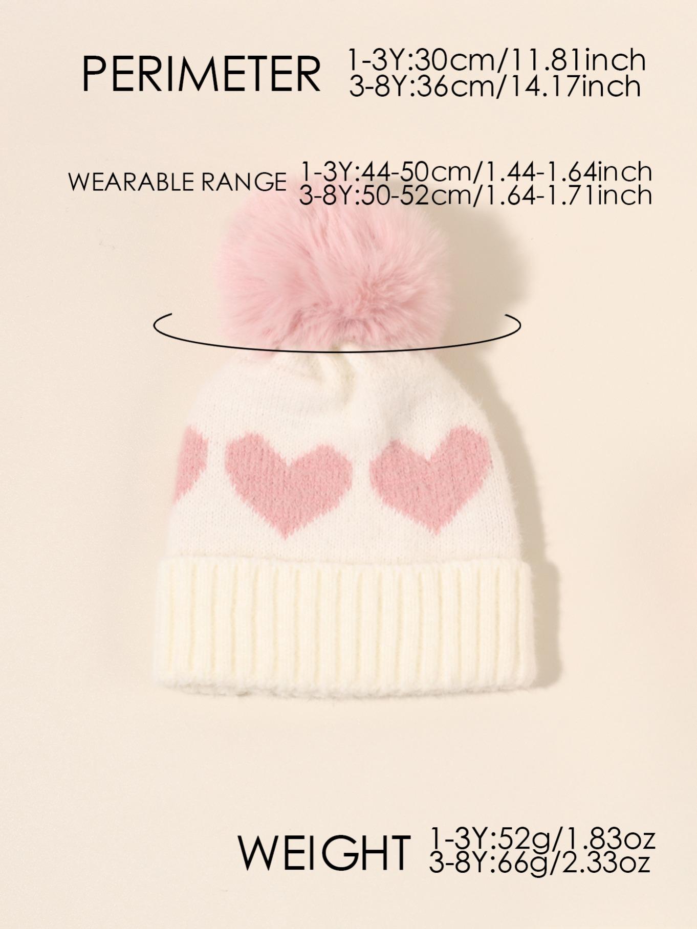 Newborn Knit Hat for Babies 1-3 Years Old, Heart Design Fuzzy Ball Beanie, Warm Winter Outdoor Cap, Casual Daily Commute Wear, Winter Skull Cap