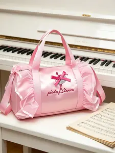 Ballet Girl Print Bag, Ruffled Mesh Trim, Satin Bow, Boston Style, Detachable Shoulder Strap, Versatile Carry Options, Comfortable Design