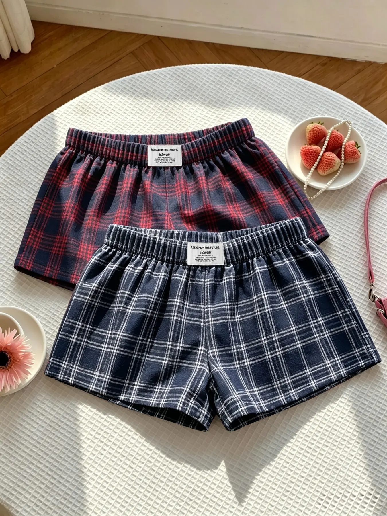 2-Pack Plaid Home Shorts Bottoms, Soft Breathable Elastic Waist Lounge Pants, Loose-Fit Casual Sleepwear Shorts Pajama for Daily Wear at Home