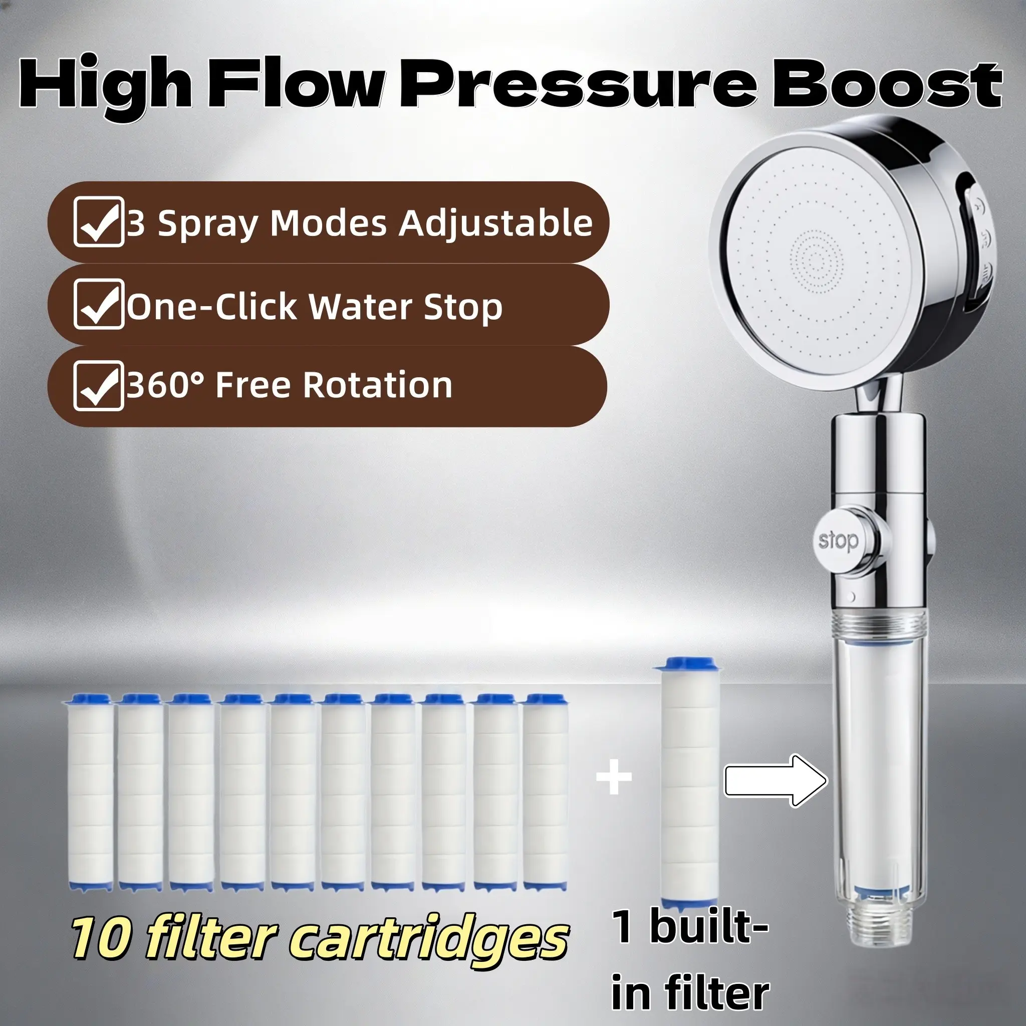 High Flow Pressure Boost Filter Shower Head 3 Adjustable Spray Modes One-Click Water Stop 360° Rotatable Handheld Showerhead G1/2 Universal Interface Ideal for Bathroom Comes with 1 Filter + 10 Replacement Filter Cartridges