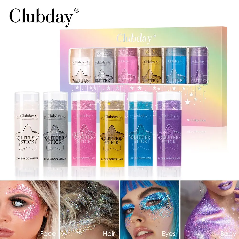 Clubday 6 Colors Glitter Stick Set, Waterproof Holographic Shimmer Gel, Long Lasting Sequins Makeup, Festival & Party Cosplay