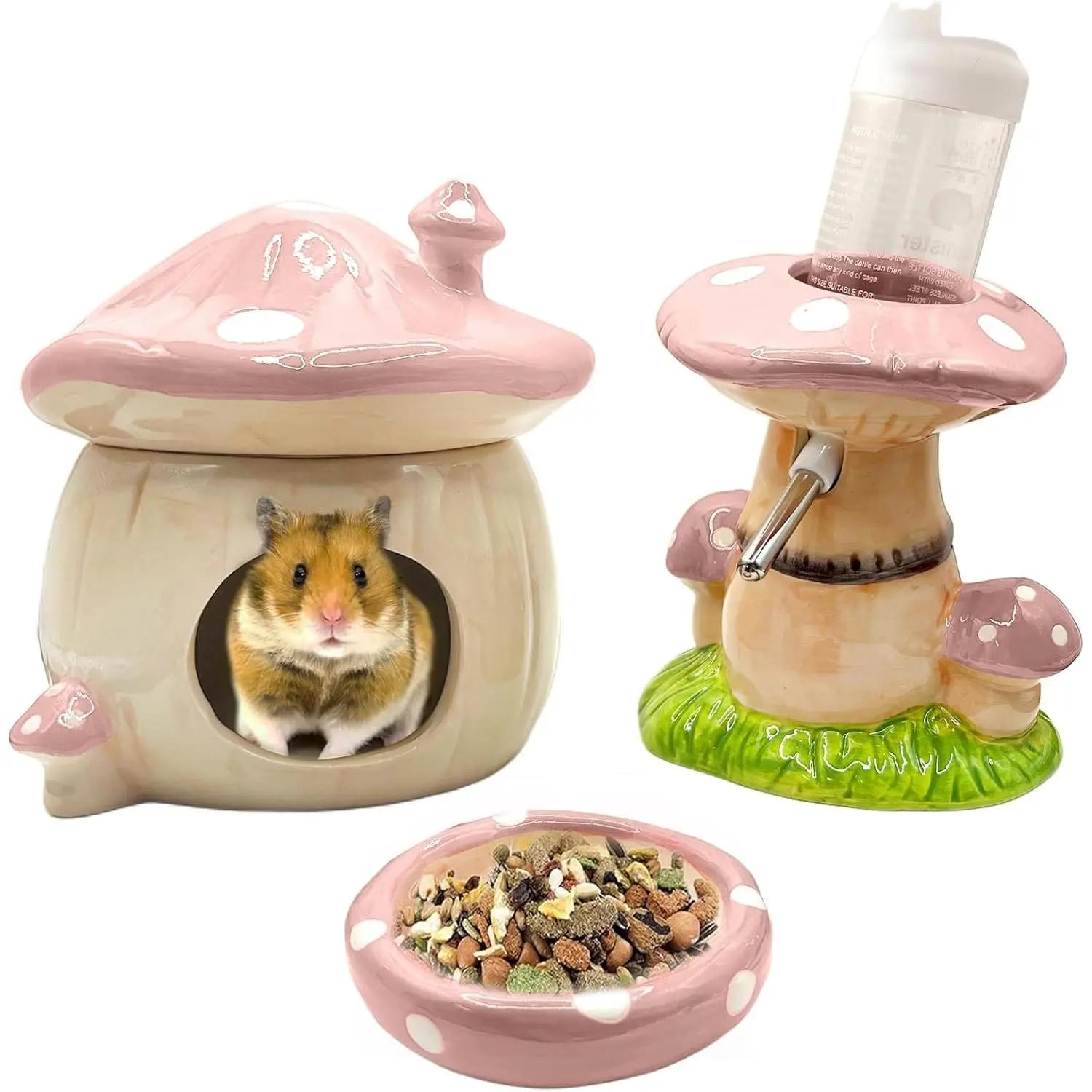 Mushroom Ceramic Hamster Hideout Water Bottle with Stand Food Bowl Hamster Accessories Pink