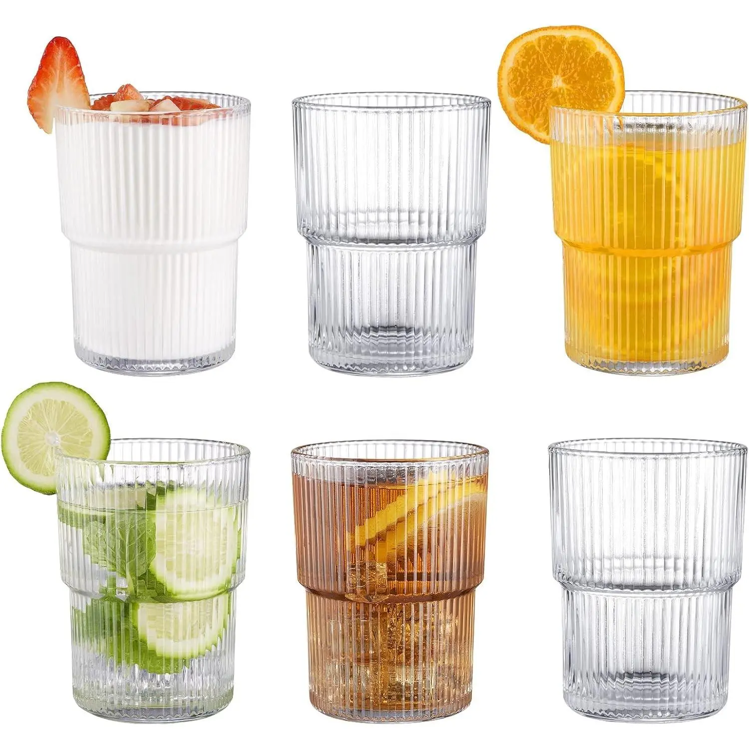 6PCS Ribbed Drinking Glasses,14Oz Stackable Glass Cup Set for Bar & Kitchen | Fluted Designed,Vintage Clear Water Glasses for Cocktail & Juice & Coffee,Versatile cup,gifts,party,wedding