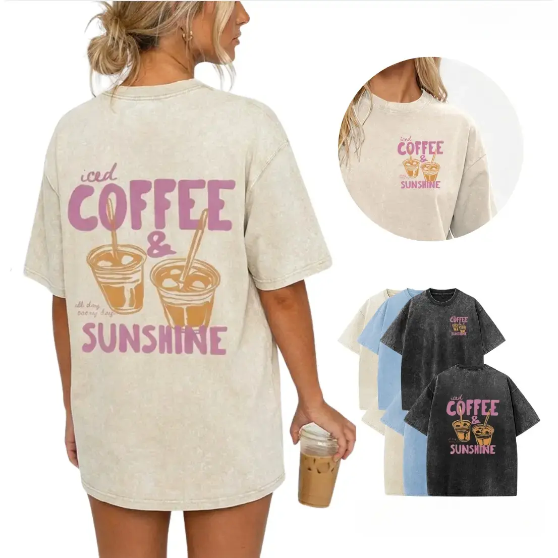 Oversized "Iced Coffee & Sunshine" Pattern Acid Wash Vintage T-Shirt, Coffee Lover Casual Graphic Tee, Heavyweight  Streetwear Vintage Tees Unisex Crewneck Tshirt summervibes