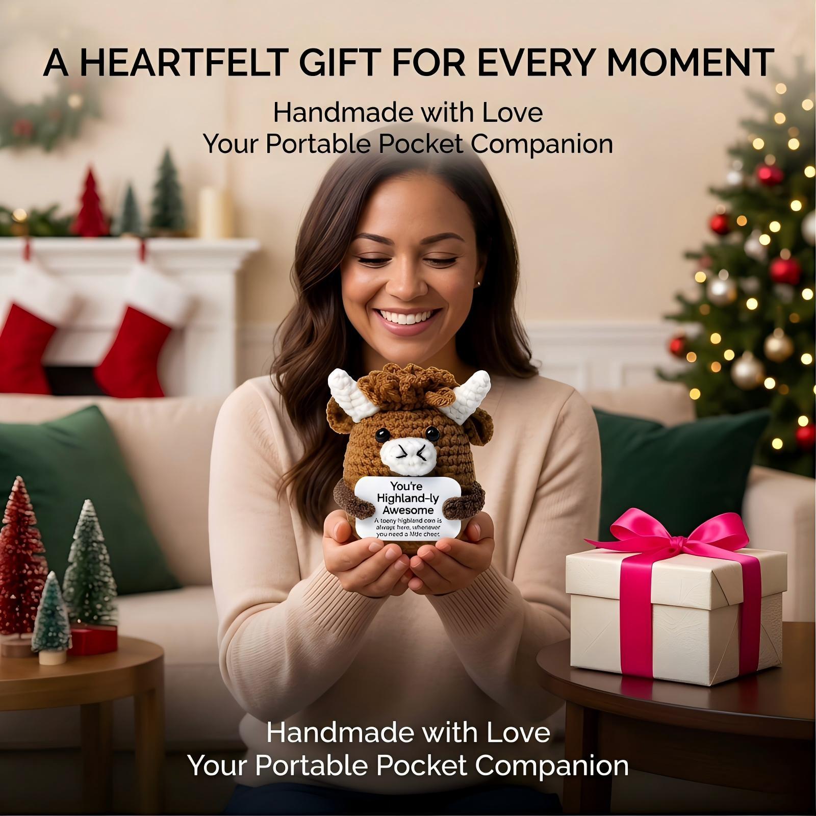 Cute Handcrafted Highland Cow Knit Plushie,Ultra Soft Fluffy Stuffed Animal,Squishy Relaxing Toy for Anxiety Relief,Adorable Bag Keychain Pendant,Perfect Festival Gift for Family Friends,Desk Bedroom Car Decor,Unique Handmade Crochet Cow Doll