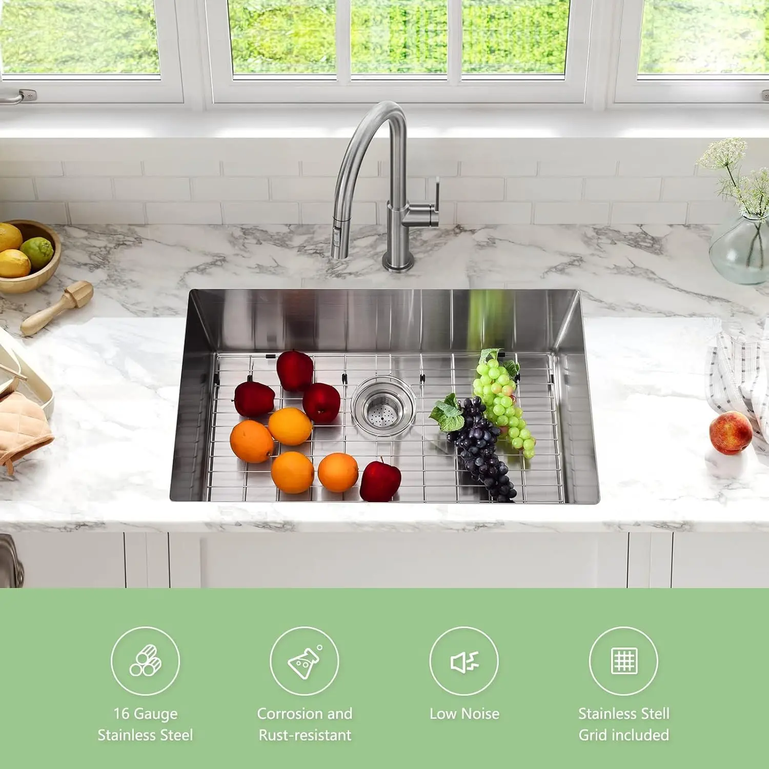 33×19 Inch Undermount Single Bowl Kitchen Sink, Commercial Grade 16 Gauge Stainless Steel Workstation Basin, Brushed Nickel Finish with Soundproof Insulation, Integrated Work Ledge & Fast Drainage System, Complete with Full Accessories