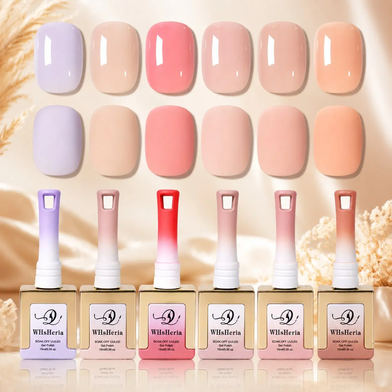 Whsheria Gel Nail Polish Set, 6 Neutral Pinkish- Shades, Transparent Jelly Texture, Removable UV Gel, Perfect Gift for Women